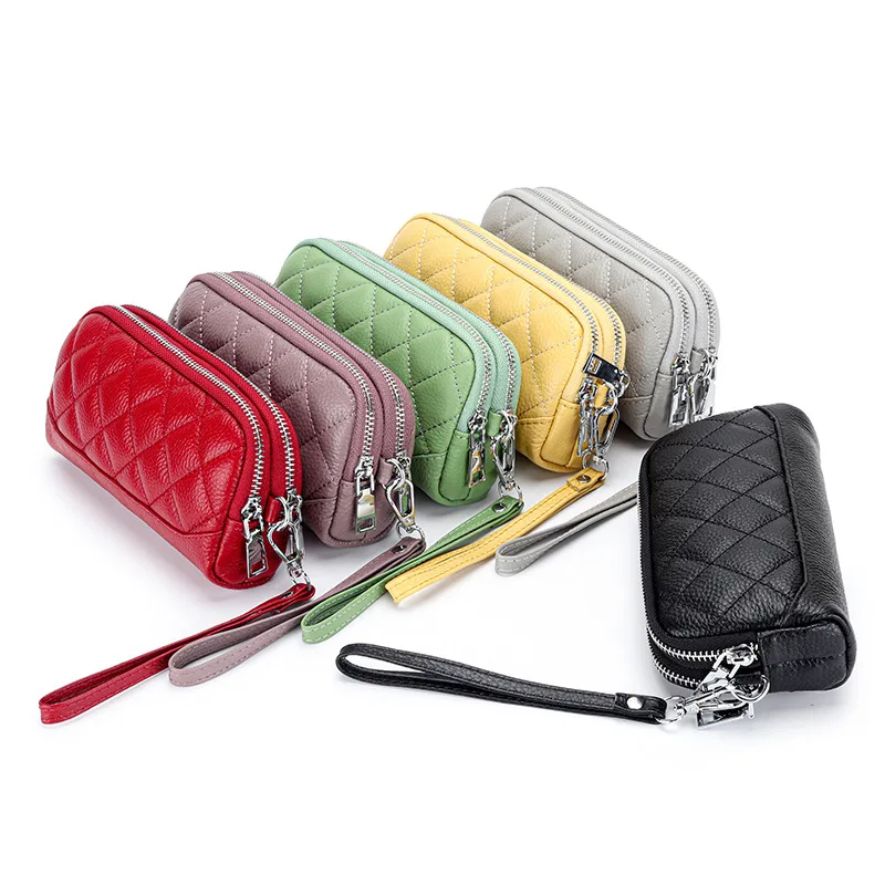 Double Zipper Clutch Bag for Women Genuine Leather Coin Pocket Money Purse Women's Clutches Female Clutch Purse with Wrist Strap