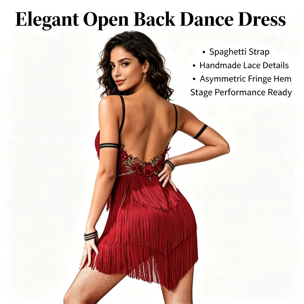 Women Red Latin Dance Dress Spaghetti Strap Floral Appliques Backless Costume for Salsa Cha Cha Rumba Competition Performance