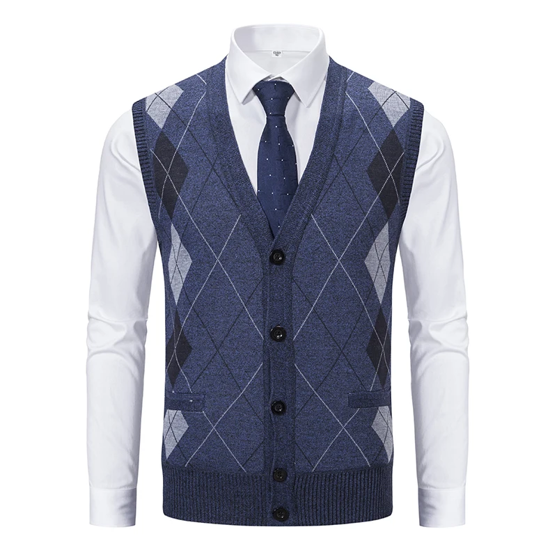 Spring Autumn Male Vest Sleeveless Sweater Fleece Warm  Knitted Jackets Checkered Business Casual Button Up Coat Men\'s Clothing
