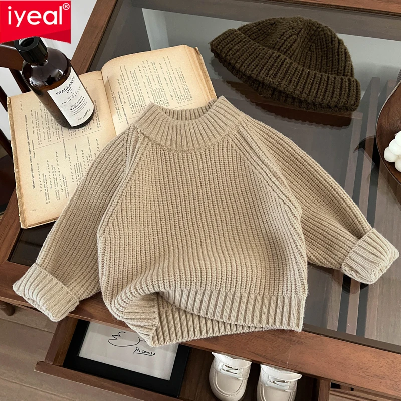 IYEAL Korean Retro Sweater 2026 New Autumn And Winter Children's Knitted Top Semi High Neck Baby Boys Girls Sweater