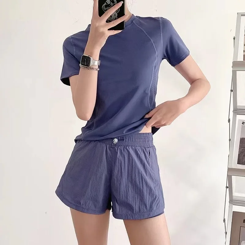 

Sports suit 2024 summer new solid color quick drying round neck short sleeve with inner shorts Running fitness women's set