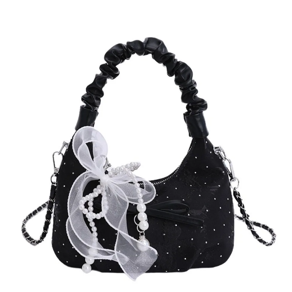 

Korean Elegant Bow Pleated Bag Stylish Versatile Ribbons Crossbody Bag Zipper Adjustable Strap Women's Handbag Daily