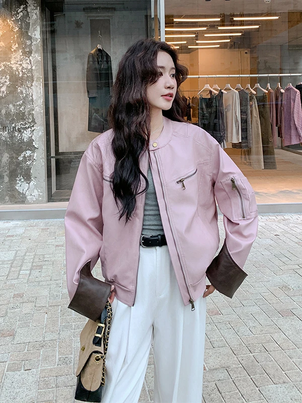 Pink Color Blo Slim Fit ort Leather Jaet Women's Outerwear Spring Autumn 2025 New Faion PU Leather Jaet