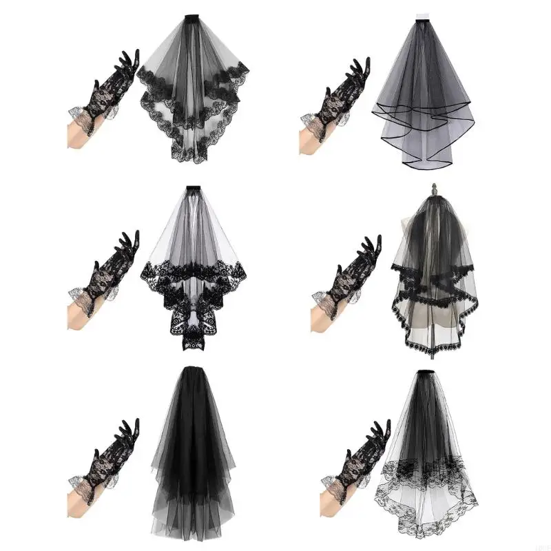 

10CE Mysterious Black Lace Veil and Gloves Combo for Halloween Cosplay and Parties