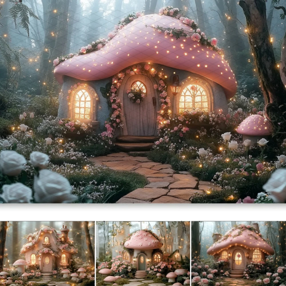 

Forest Mushroom House Photo Backdrop Spring Pink Flower Easter Birthday Party Decor Photography Background Props Banner
