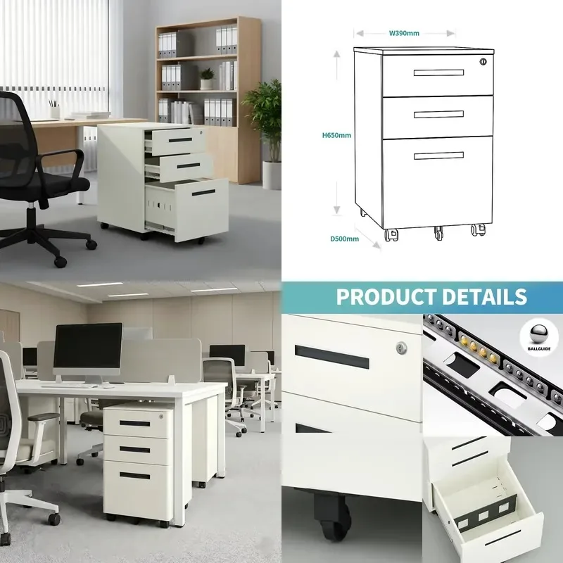 Steel Mobile 3 Drawer Office Filing Cabinet with Central Lock and Casters 45cm Long for Home Business Storage