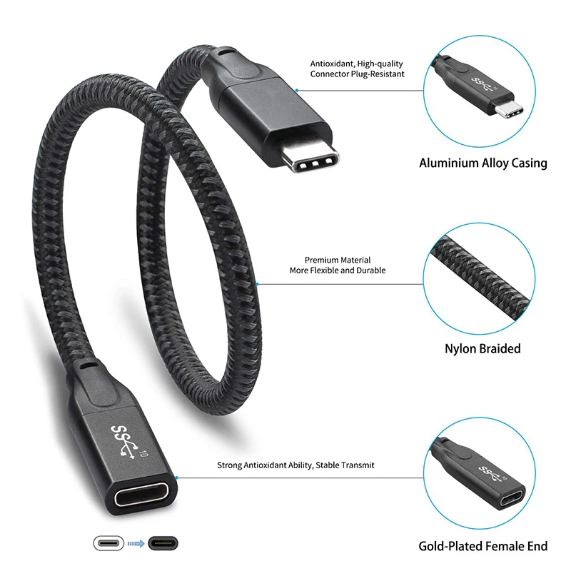 USB C Extension Cable Feet, USB 3.1 (10Gbps) Type C Male To Female Extension Fast Charging Cable Compatible-X64A
