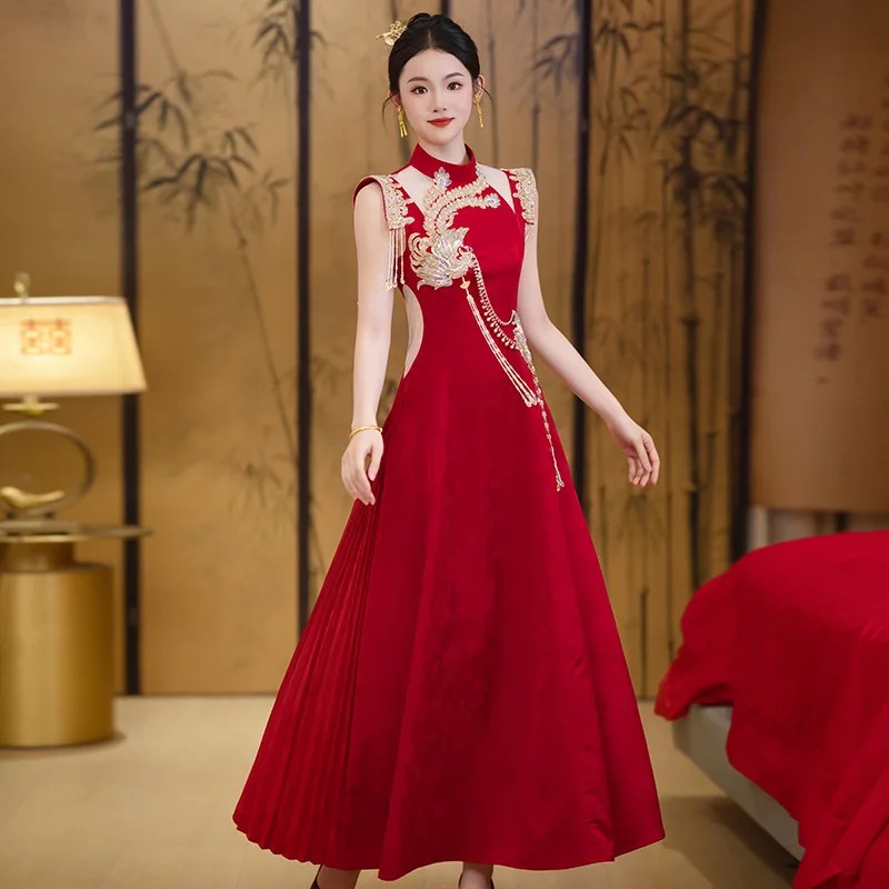 

Красное платье Cheongsam без рукавов для невесты, высококачественное новое улучшенное обручальное платье в китайском стиле, новинка 2025 года, платье для тостов