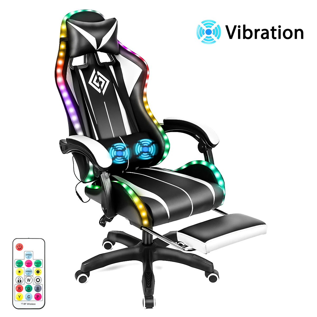 Kursi Gaming dengan kulit PVC RGB, lampu Kursi Kantor Gamer ergonomis kursi putar Pijat 2 titik kursi balap