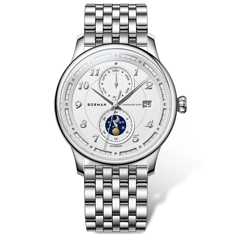 BORMAN 남자 자동 시계 41mm 빈티지 기계식 손목 시계 50m 방수 사파이어 빛나는 멀티 다이얼 월 날짜 24 시간