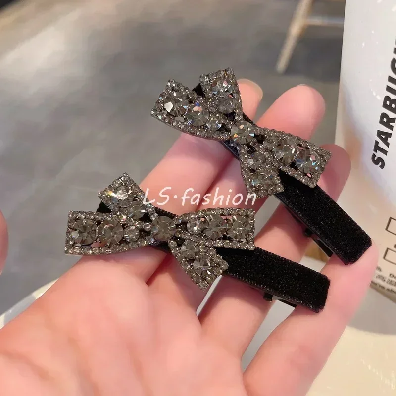 Simple Bow Rhinestone Duckbill Clip Black Velvet Bangs Clip Front Hair Clip Side Hairclip Hair Accessory