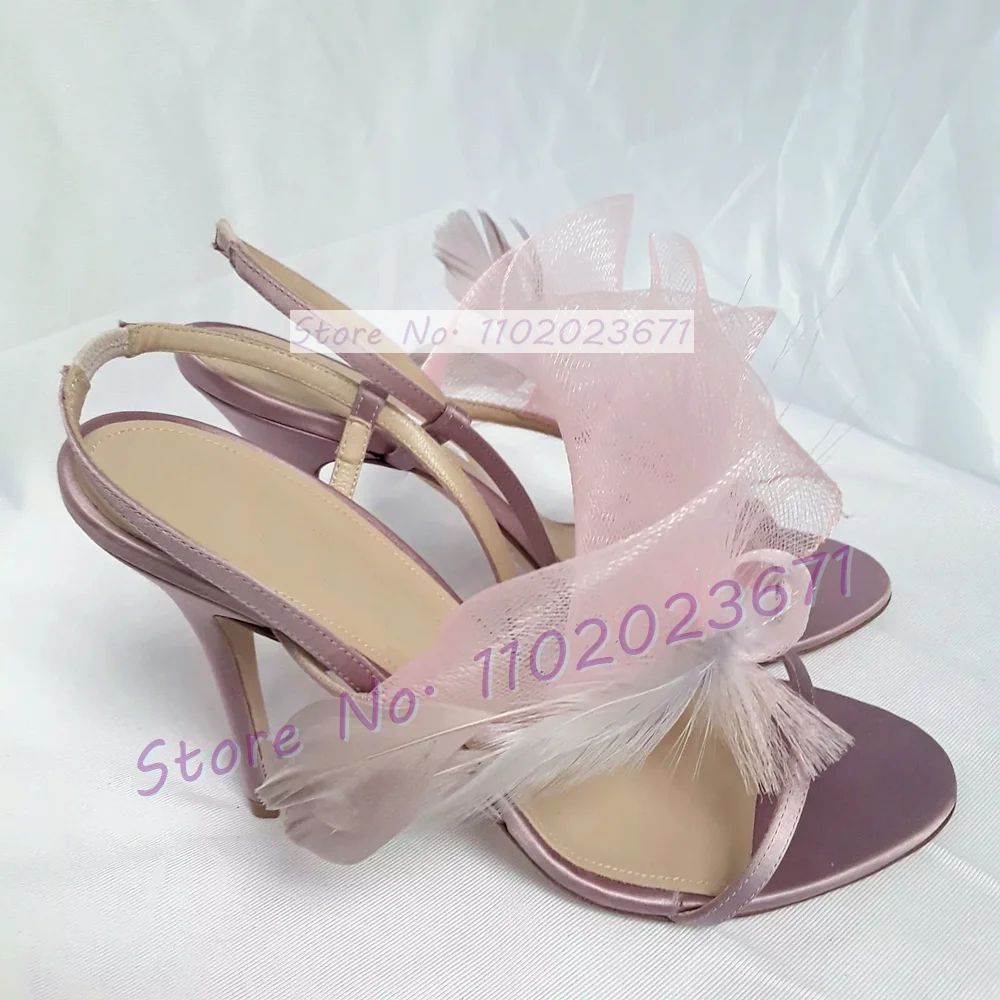 Lilac Satin Netting Feather Stiletto Sandals Female Stylish Elegant Party Wedding Satin Shoes Thin High Heels Open Toe Sandals