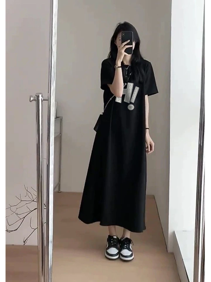 korean style t shirt dress Black Polo Collar Dress Women's Short Dresses Slimming Short Sleeve Knitted Fabric Regular Fit Straight Hem Casual Preppy Korean Style Summ,XL
