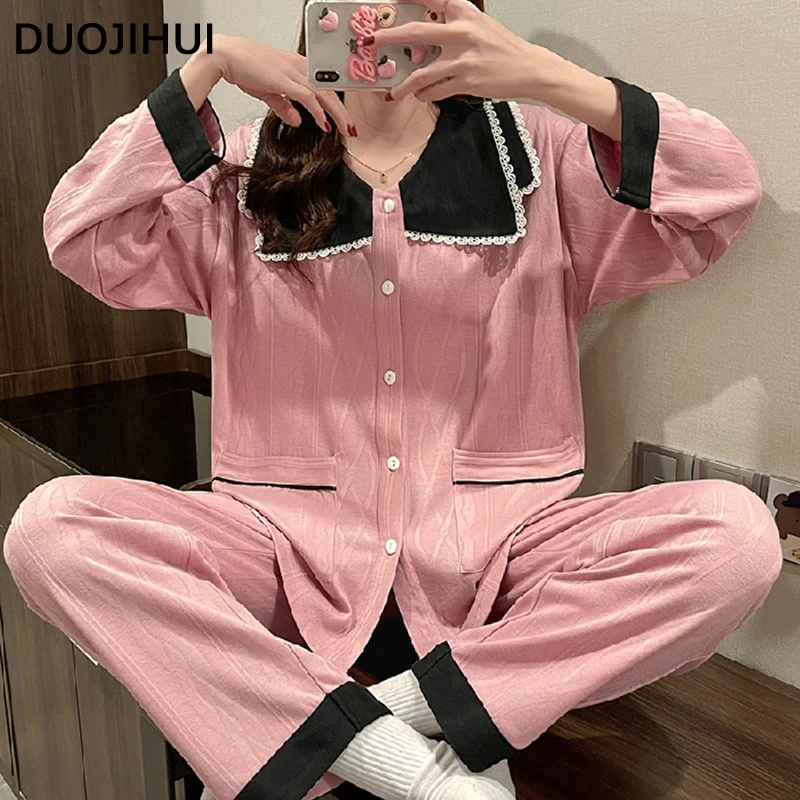 

DUOJIHUI Autumn Fashion 9-colors Loose Pajamas for Women Sweet Cardigans Simple Pants Casual Home Spell Color Female Pajamas Set