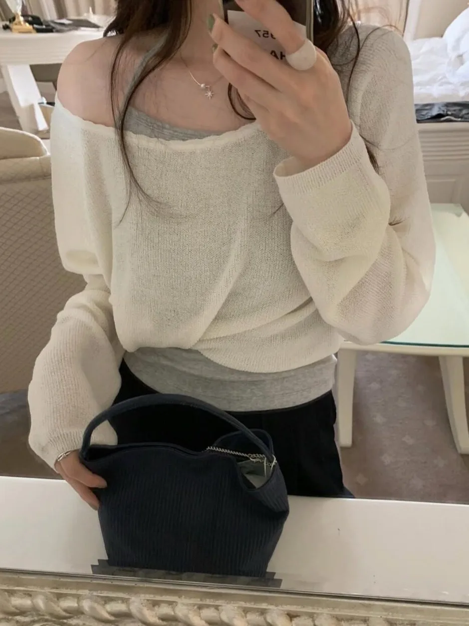 Chic Summer New Style Thin Long Sleeve Knitted Shirt Shoulder Bared Wave  Korean Style Casual Fashionable Women's Sweater