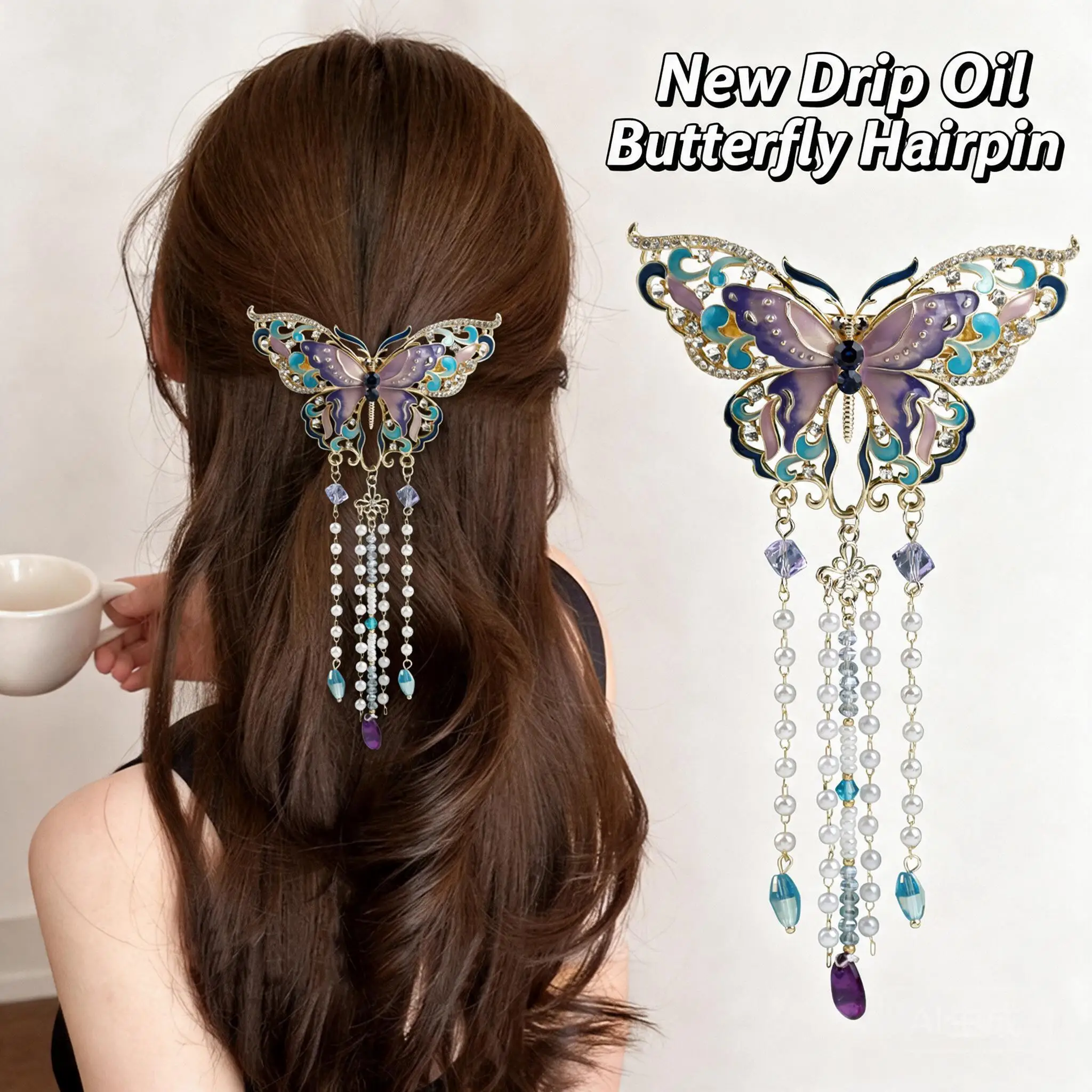 2026 New Vintage Purple Enamel Butterfly Tassel Spring Clip For Women Half Up Back Barrette Elegant Daily Party Hair Accessories