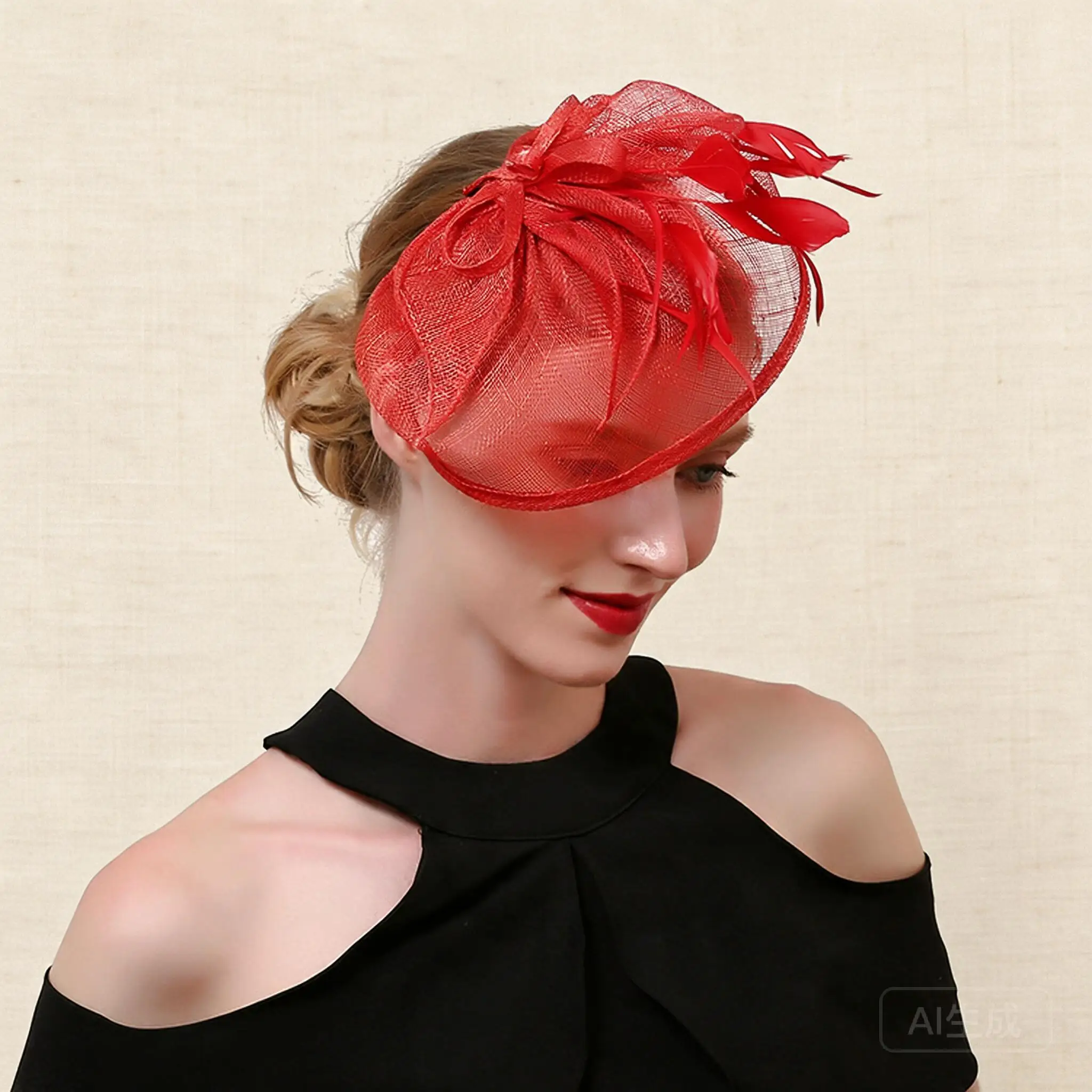 Elegant Vintage British Sinamay Fascinator Hat Feather Decor Headband For Women Kentucky Derby Cocktail Party Wedding Bridal Pho