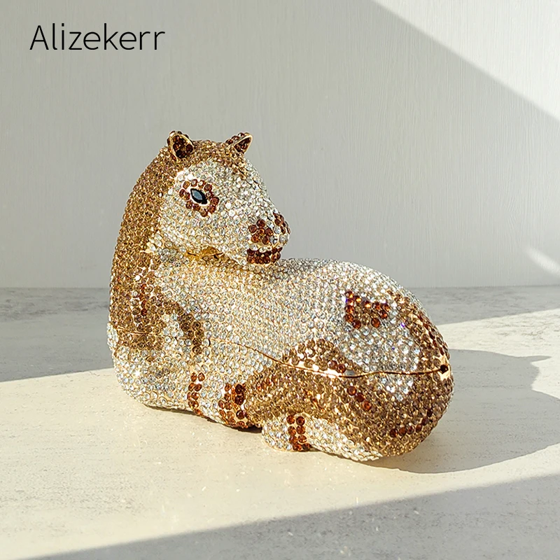 Alizekerr Horse Shaped Diamond Evening Bags 2025 Luxury Designer Gorgeous Sparkling Rhinestone Metal Clutch Purses Wedding Party