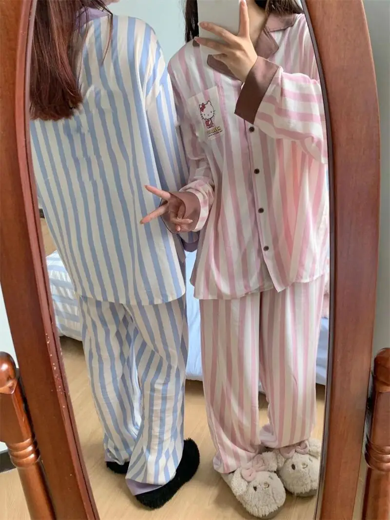 سانريو جديد منامة مجموعة مرحبا كيتي الكرتون لطيف شريط منامة الإناث ربيع الخريف جديد الترفيه المنزل الملابس مجموعة زوجين دعوى