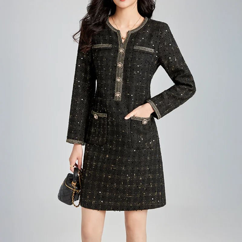 

Women's Black Plaid Sequined O Neck Elegant Small Fragrance Dress Slim One-piece Office French Vintage High Quality Tweed Dress