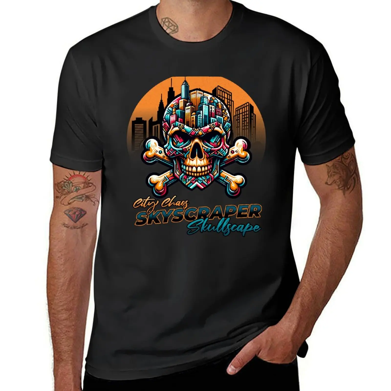 Skyscraper Skullscape, Skull And Crossbones T-Shirt Short sleeve tee funnys summer tops hippie clothes t shirts for men cotton