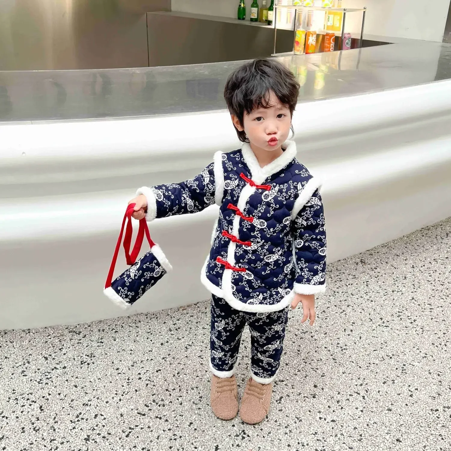 Warm Baby Coat Pants Set Traditional Chinese New Year Clothes for Kids Cute Thicken Girl Suit Costume Children Flower Boy Outfit