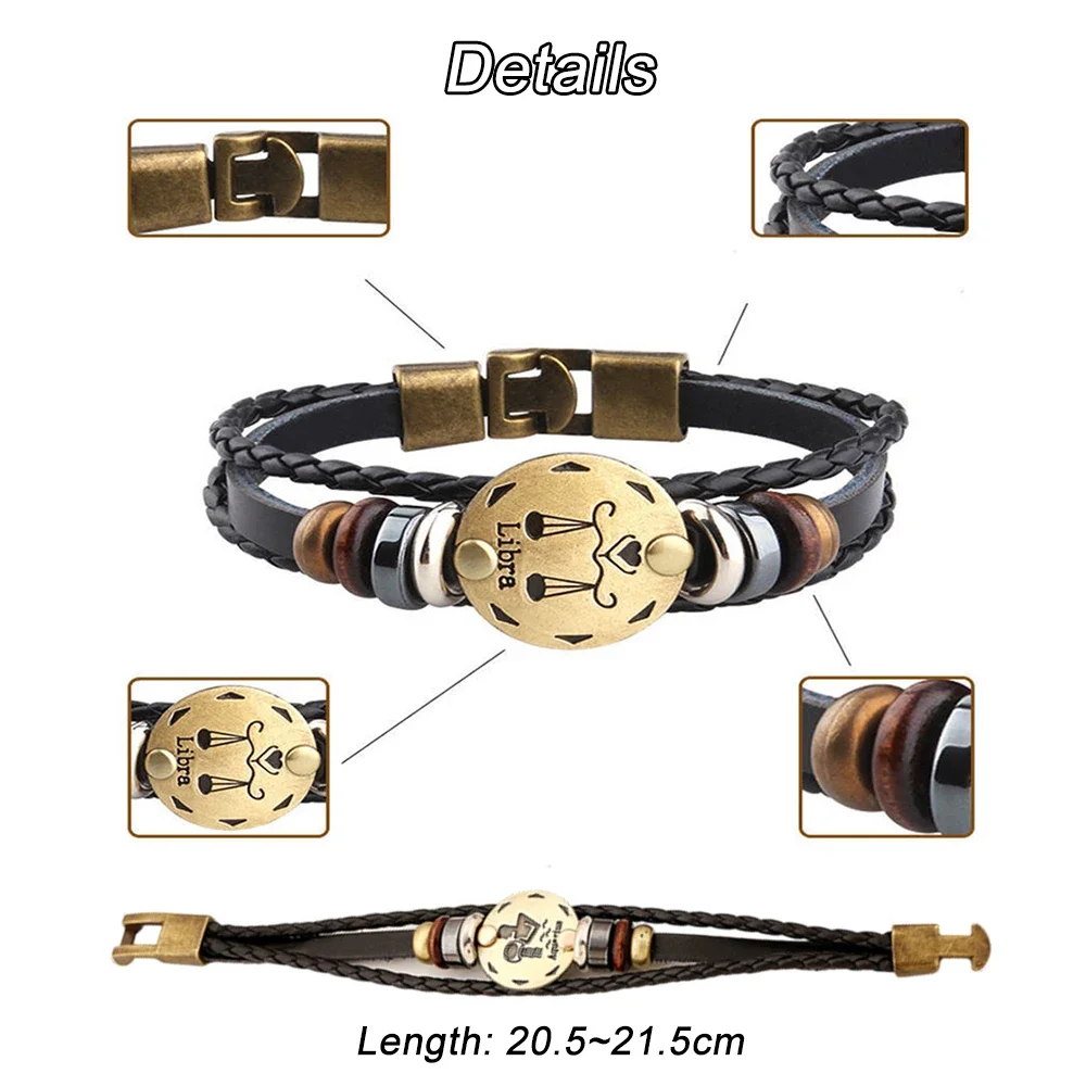 Vintage 12 Constellations Leather Bracelet Zodiac Horoscope Braided Bangle for Men Women Charm Wristband Accessories Xmas Gifts