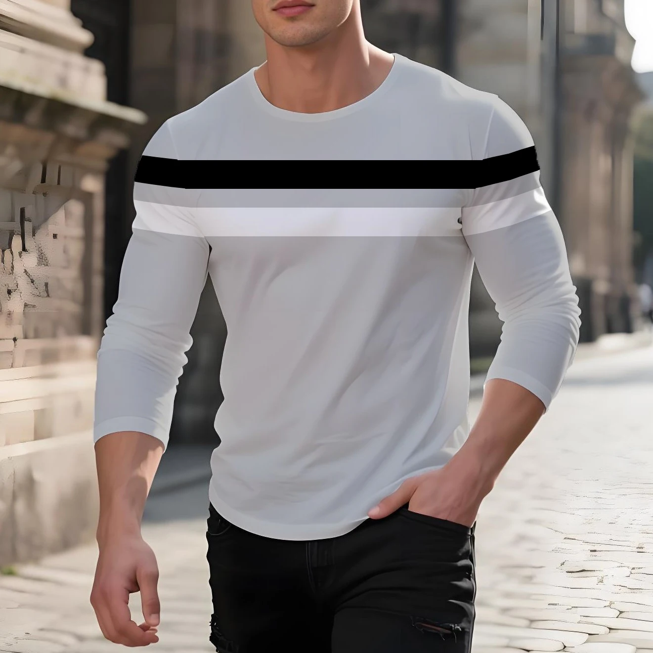 

Men's black and white striped long-sleeved round neck T-shirt, casual and versatile men's spring and autumn bottoming shirt