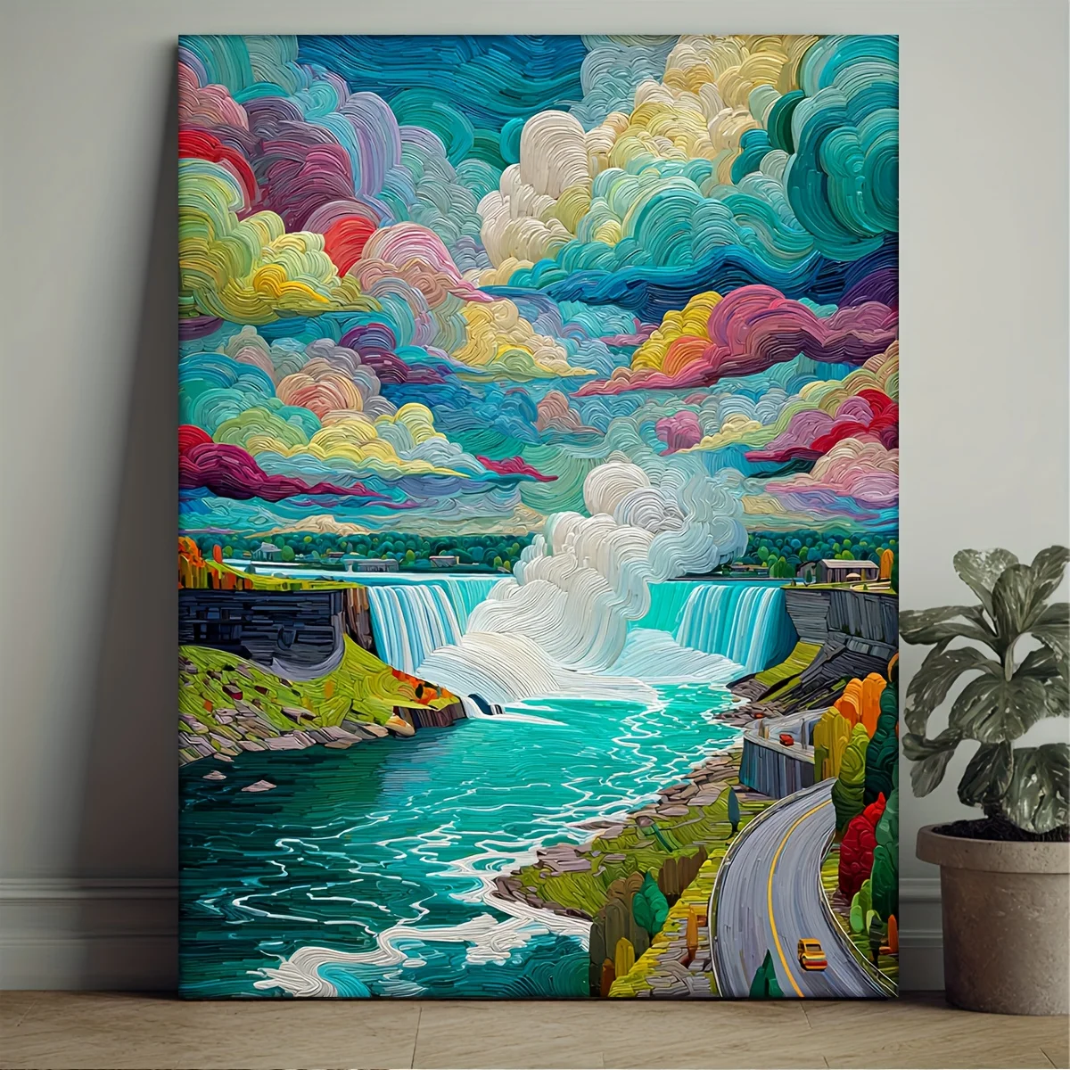 (No frame)1pc Framed Niagara Falls Abstract Painting - Modern Manga-Style Multicolor Wall Art Poster Print with Pine Wood Fra