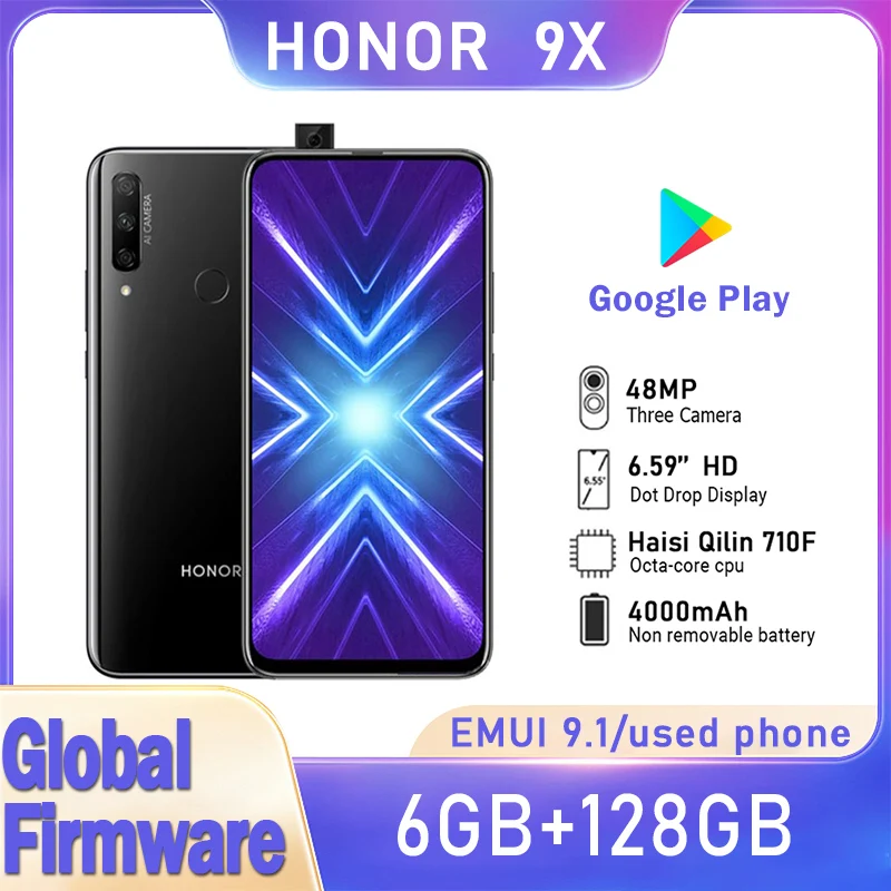 HONOR 9X Smartphone Global Firmware 6.59-inch EMUI 9.1 Camera 48M Battery 4000 mAh CPU Haisi Qilin 710F used phone