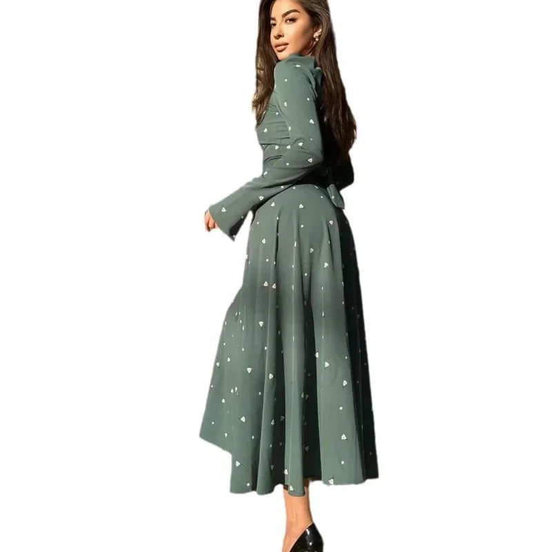 Floral Print Casual Long Sleeve Maxi Dresses High Waist Lace-up Dress for Women Female O-Neck Beach Boho Chic Dress Elegant Robe