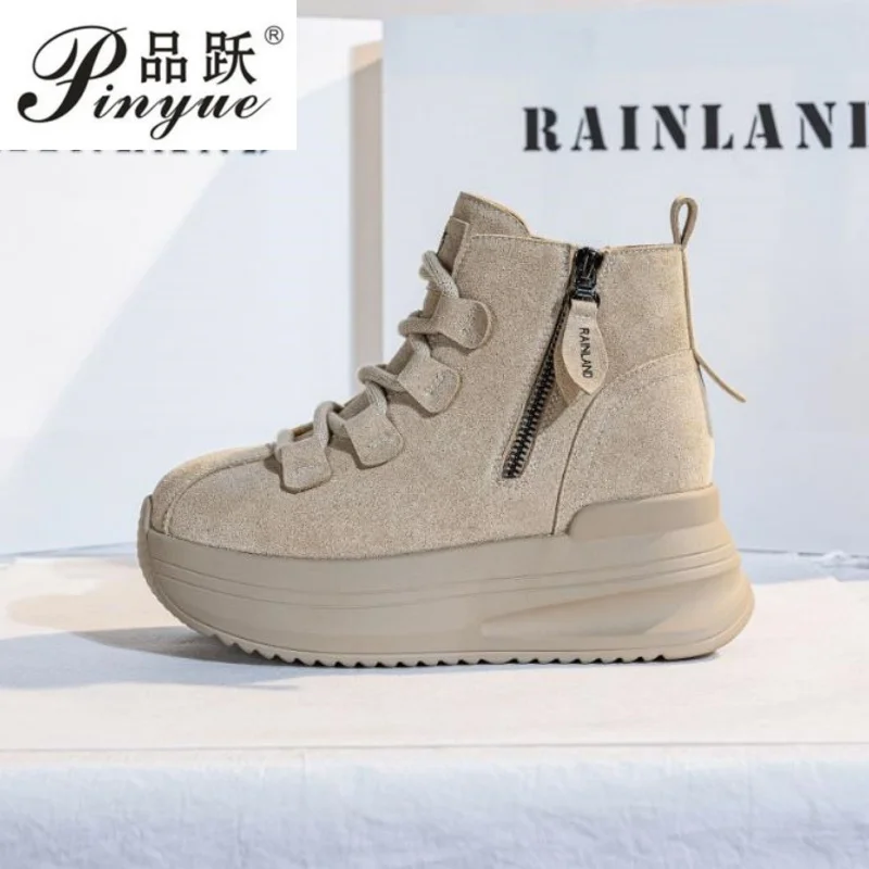 

7cm Platform Heel Women Genuine leather Ankle Boots Winter Warm Fur Fleece Lined Winter Boots Comfortable Non Slip Booties