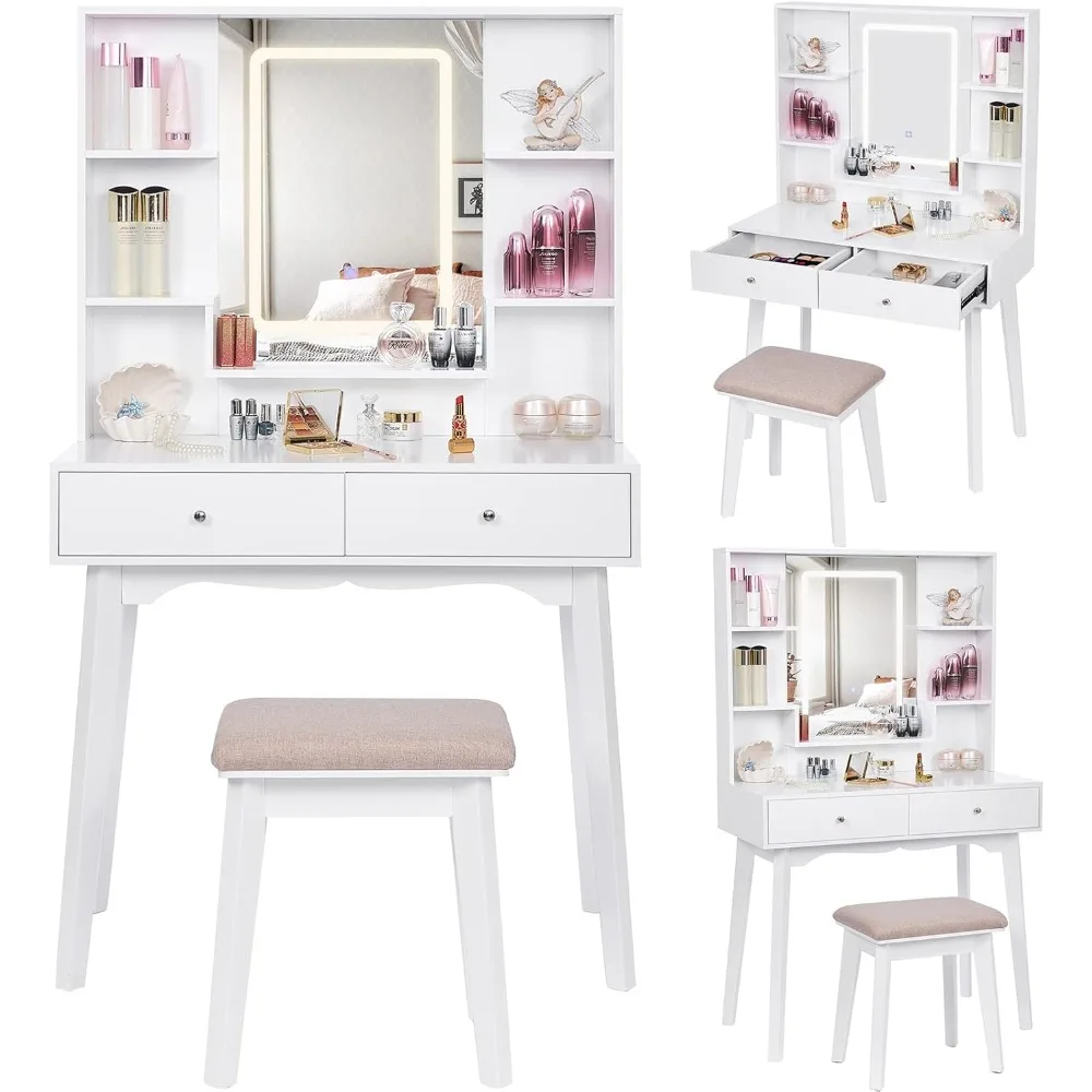 Makeup Vanity Desk Vanity Table Set with LED Lighted Mirror Vanity Set with 3 Adjustable Lighting Colors 5 Storage