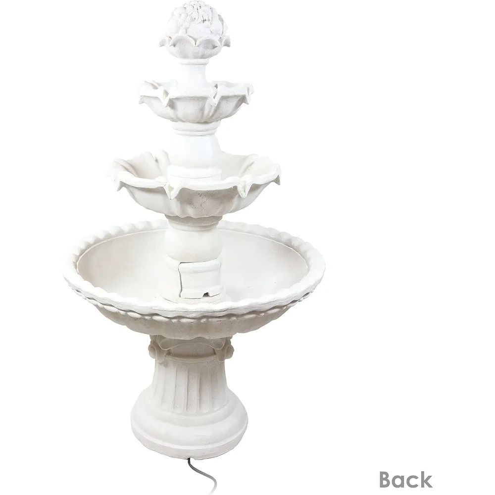 52-Inch H 3-Tier Outdoor Water Fountain with Fruit Top - Large Waterfall Feature for The Garden or Backyard - White