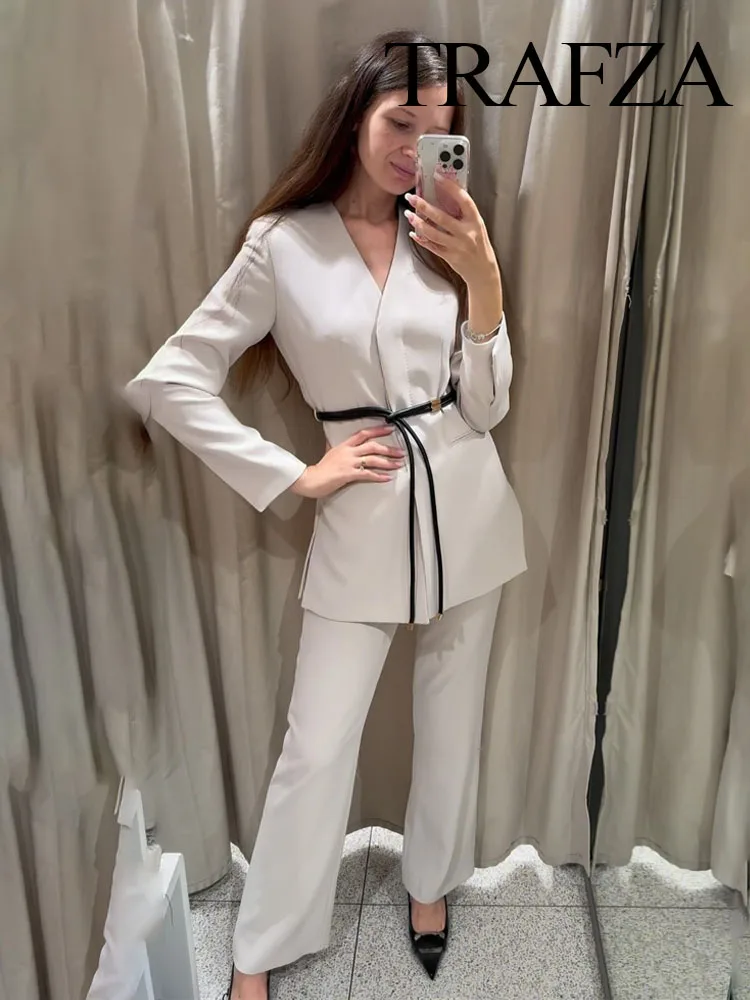 TRAFZA Women V-Neck Long Sleeves Pocket Belt Decorate Blazer Top+Elegant High Waist Loose Casual Slim Wide Leg Pant 2-częściowy zestaw