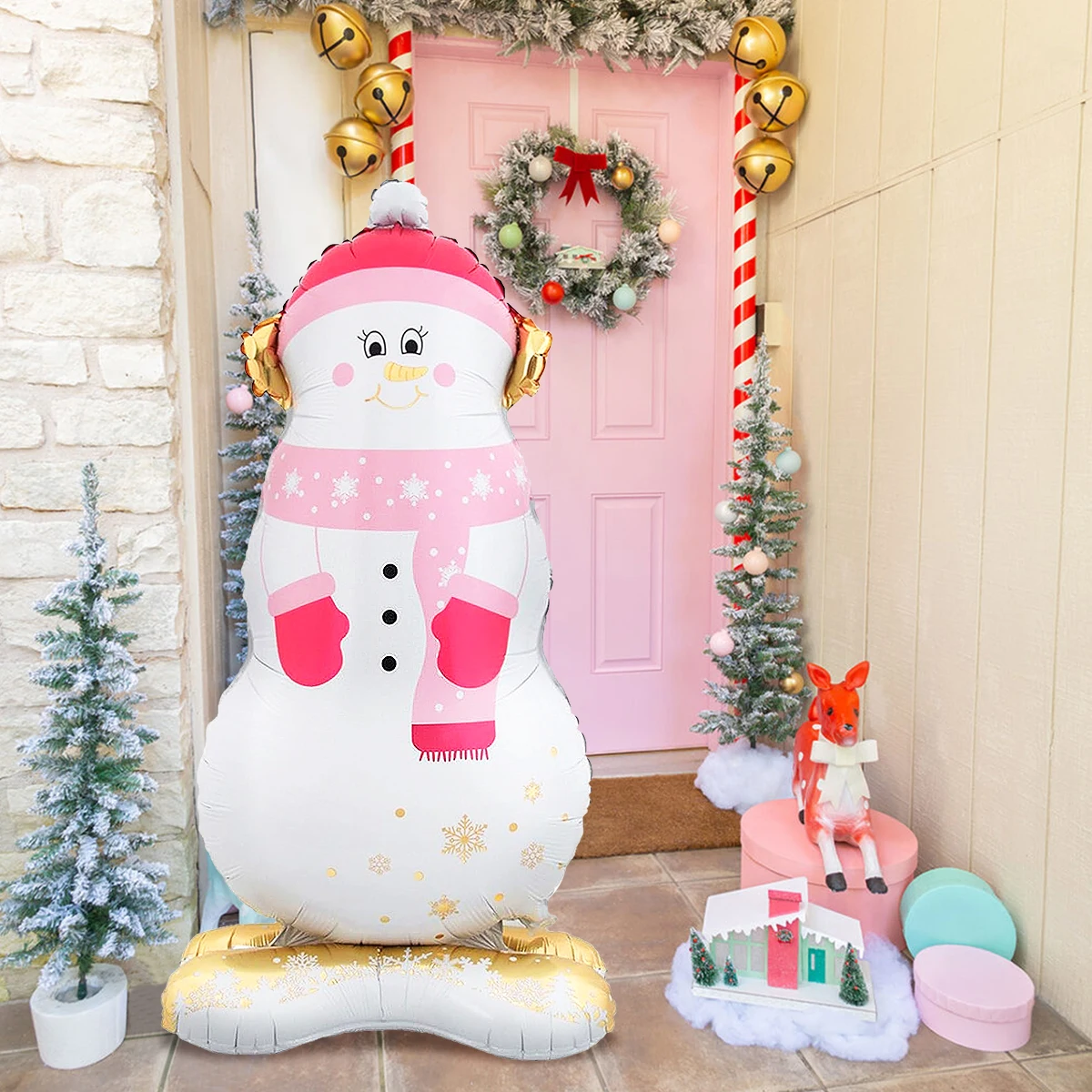 1pc Pink Scarf Cute Snowman Balloon, Christmas Holiday Decoration, New Year Party, Birthday, Family Christmas Snowman Decoration