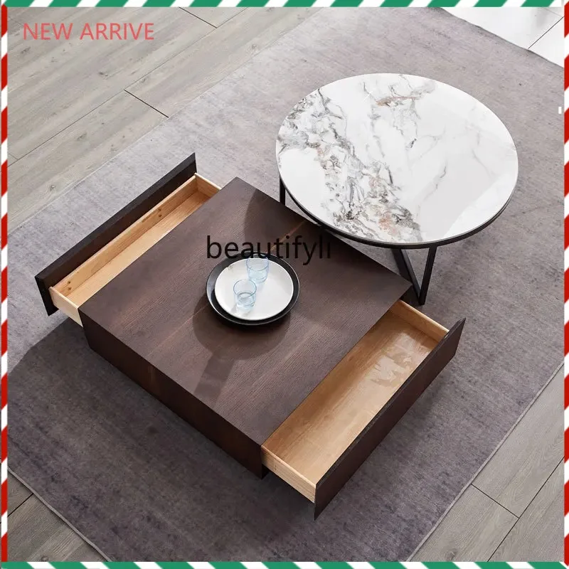 โต๊ะกาแฟทรงสี่เหลี่ยมสไตล์อิตาเลียนหรูหราเบาๆ รุ่น V132 สีสโมคกี้ โมเดิร์น มินิมอล สำหรับห้องนั่งเล่น พร้อมตู้เก็บของใต้โต๊ะ