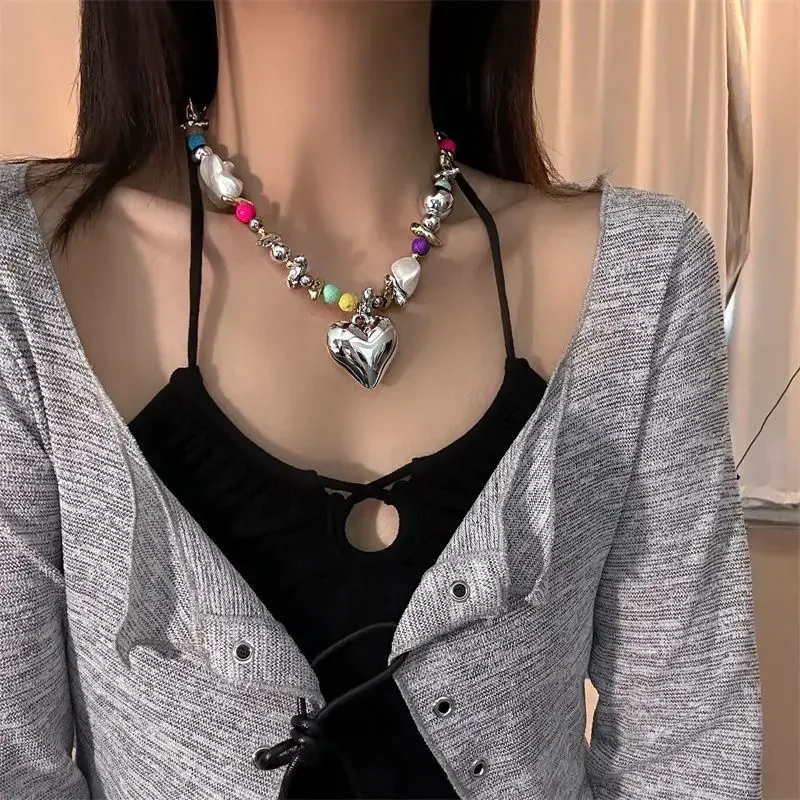 Draweye Colorful Beads Heart Necklace for Women Y2k Korean Fashion Vintage Sweet Jewelry Hiphop Irregular Collares Para Mujer