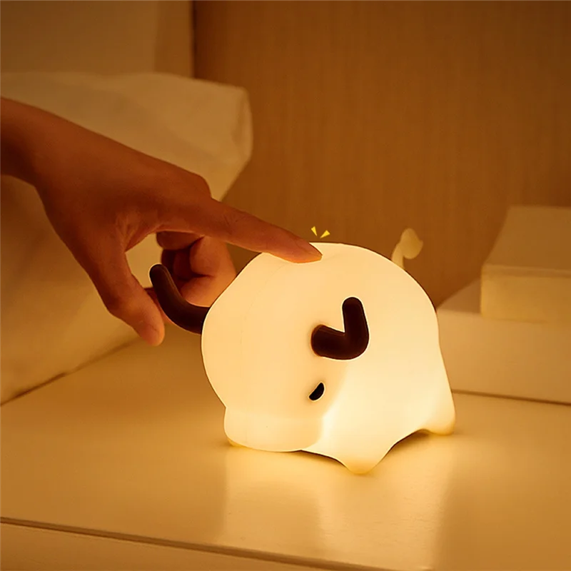 ABJO-Cow Night Lamp Soft Silicone LED Light Rechargeable Cute Animal Night Light With USB Cable For Room Bedroom Decor