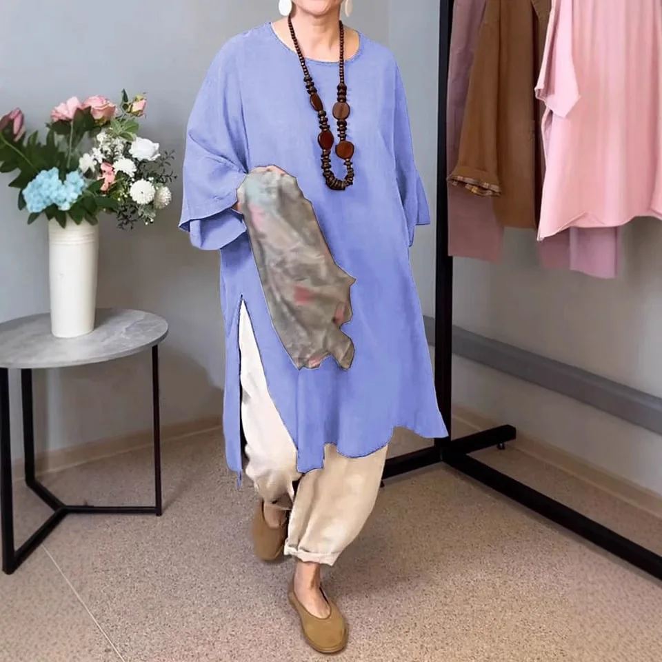 بلوزة نسائية صيفية أوروبية وأمريكية جديدة بلون سادة ورقبة دائرية وأكمام سبعة أرباع كتان غير رسمي طويل