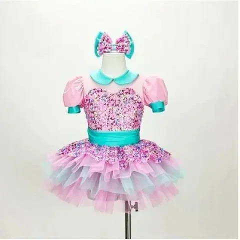 女の子のスパンコールプリンセススカートダンススーツ、ふわふわパフォーマンススーツ、新しい