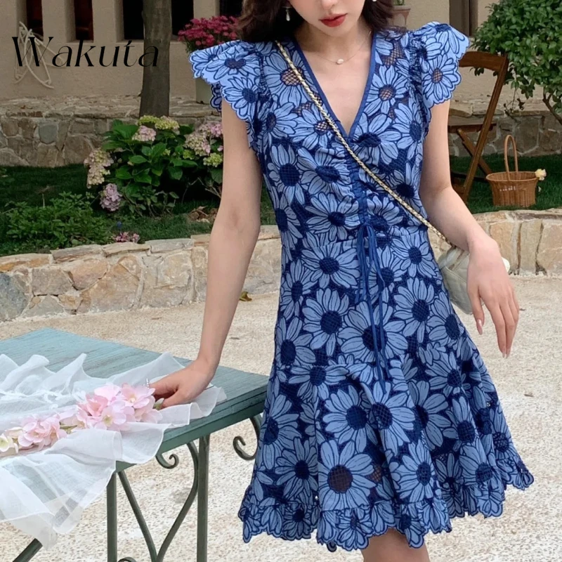 

WAKUTA French Sweet Vacation Style Hollow Flower Elegant Dresses Women Summer V-Neck Sleeveless High Waist Slim Fit A-line Dress