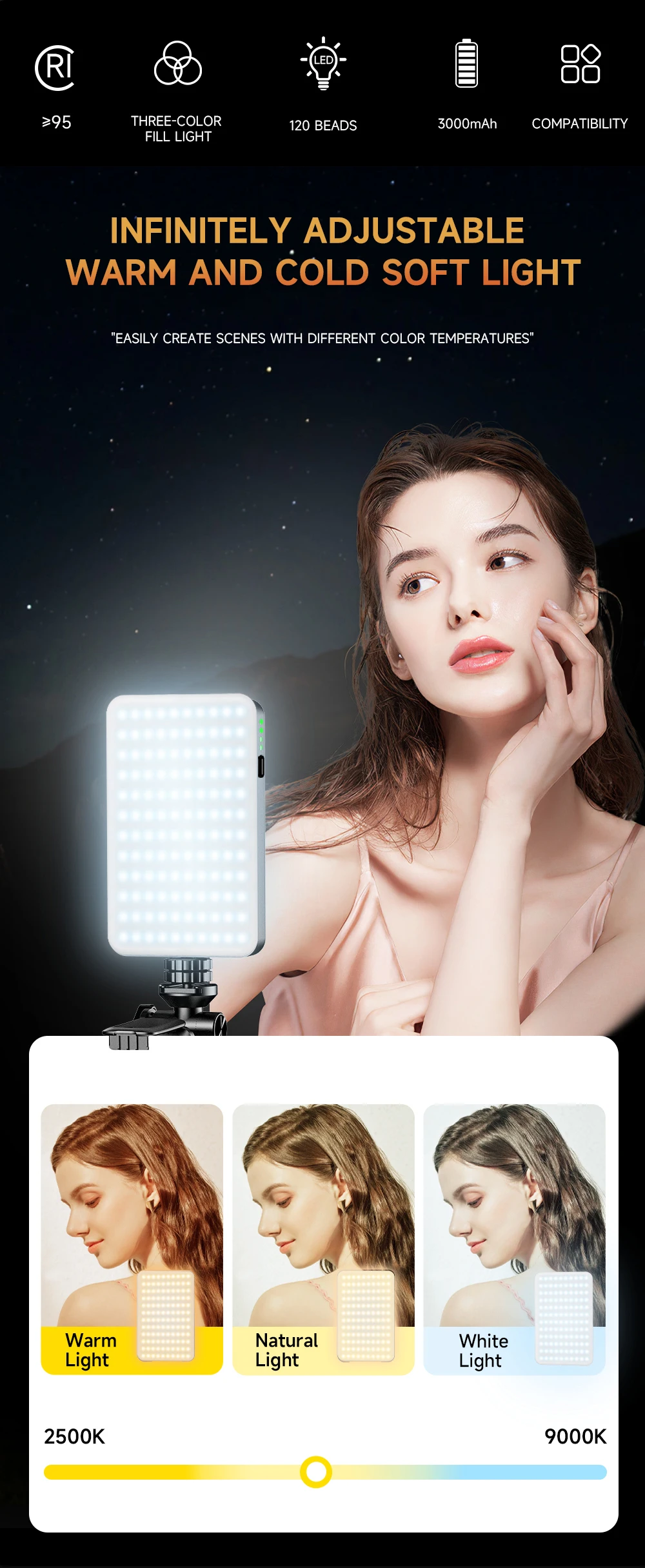 Lampe de remplissage LED aste, 3 modes de température de couleur, lampe de poche portable pour téléphones portables, médicaments portables, maquillage, vidéos selfie TikTok