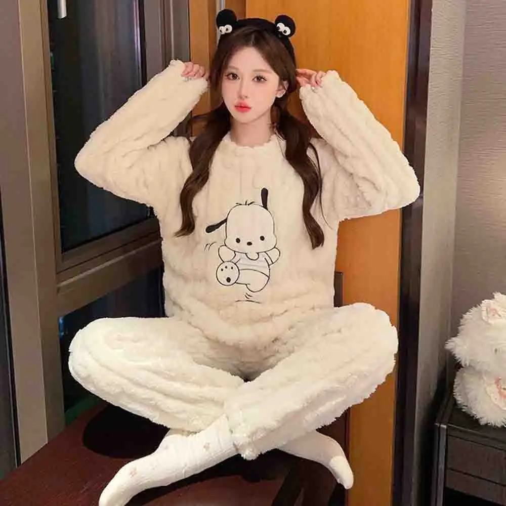 Hello Kitty Women's Embroidered Velvet Pajama Set Long Sleeve Top and Matching Pants Comfortable Winter Pajama Home Clothes Set - view 4