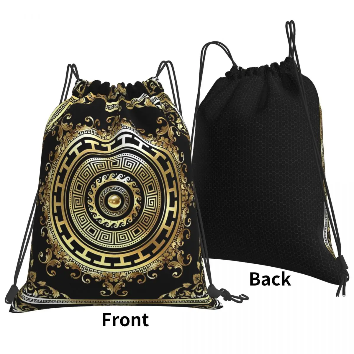 Greek Keys Black Gold Medallion Meander Baroque Backpacks Portable Drawstring Bags Shoes Bag Book Bags for Man Woman School