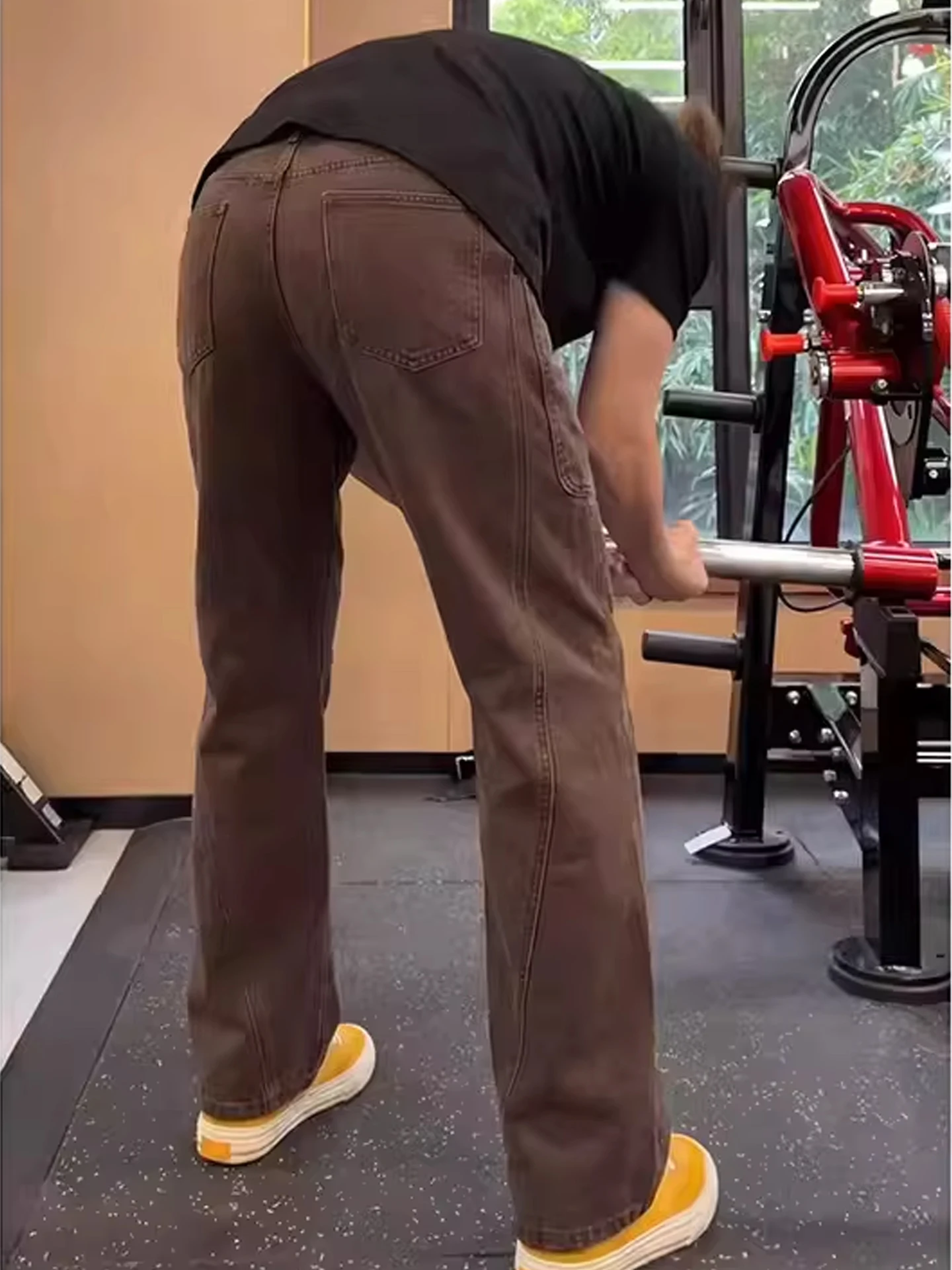 

Ce Brown Men's Straight Leg Slanted Cut Jeans High Street American Workwear Trousers Waist Lift Slimming Micro Flared Pants