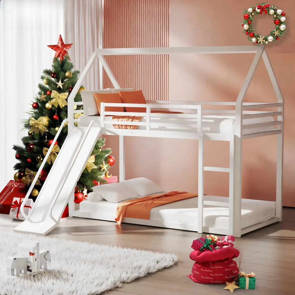 

Twin Over Twin Metal Floor Bunk Bed with Slide, Metal Junior House Twins Size House Bunk Bed Frame with Ladder&Roof for Boy Girl