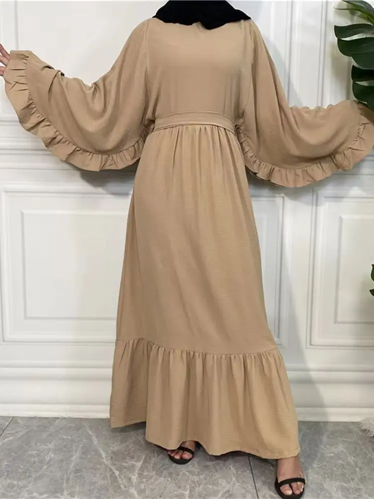 Ramadan Eid Islamic Robes Bubble Ice Silk Bat Sleeved Fancy Full Dress French Stylish Modesty Muslim Dress With Belt wy657