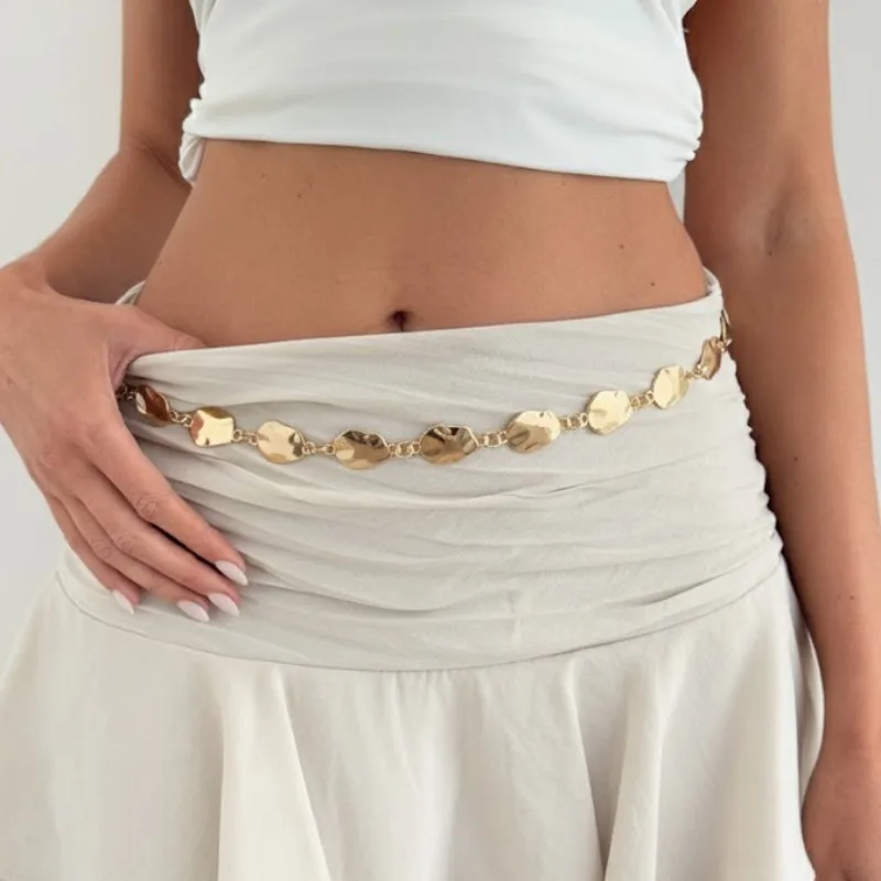 Hip-hop Geometric Oval-shaped Hammering Texture Metal Spliced Waist Chain for Women Bohemia Fashion Body Chain Jewelry Gifts image 2