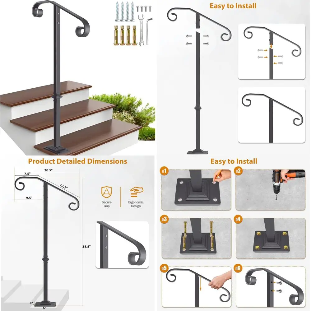 درابزين سلالم خارجي 38.8 مرتفع، عمود فردي لخطوات 1-2، درابزين متين لخطوات الخرسانة والخشبية، مناسب للفناء الخلفي #1